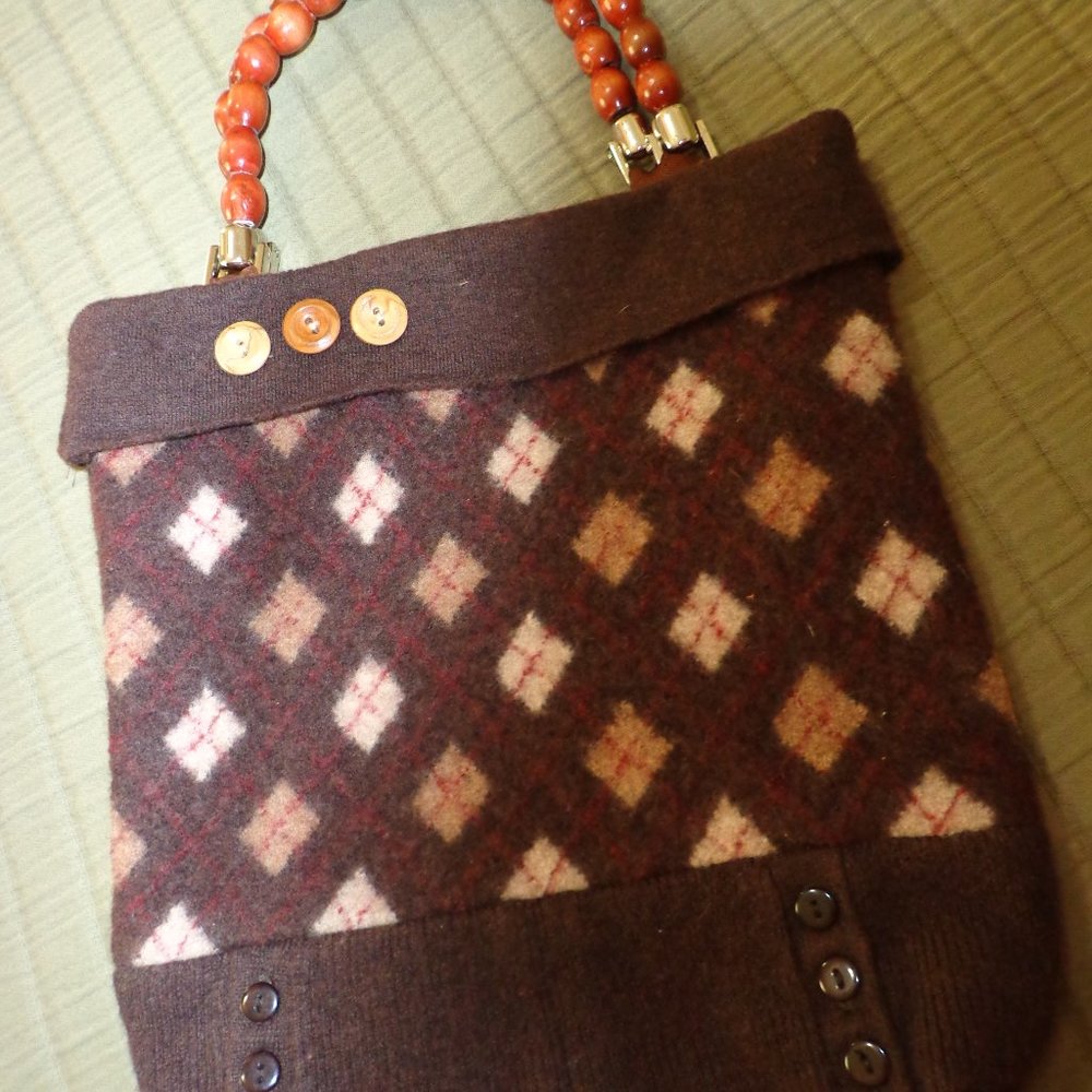 NWOT A. GIANNETTI 100% MERINO WOOL HANDBAG ARGYL WOOD-BEADED HANDLE